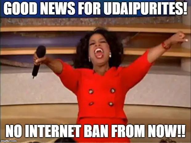 GOOD NEWS!! No Internet Ban from now in Udaipur for Exam Reasons